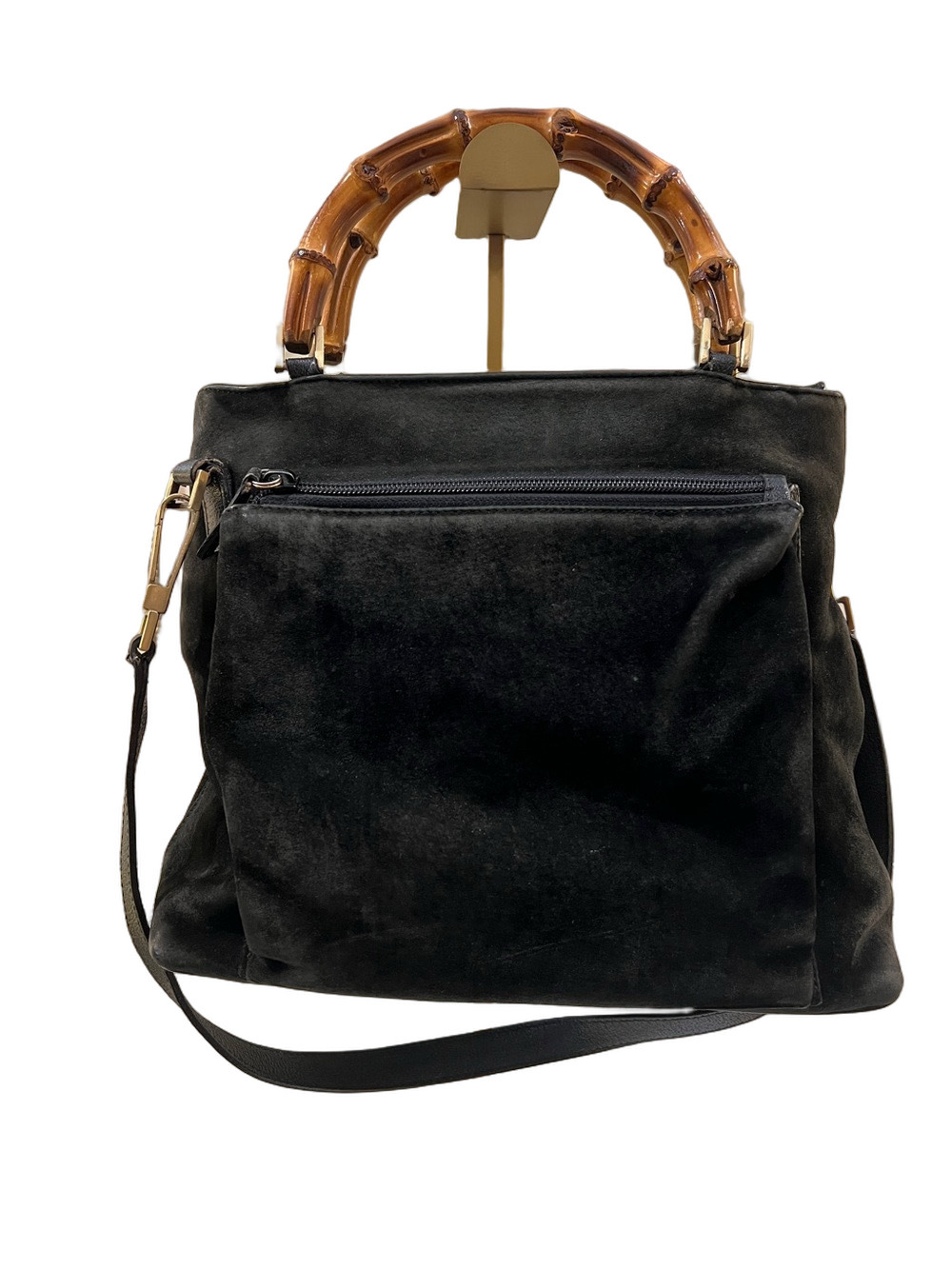 Gucci Black Suede Bamboo Satchel with Shoulder Strap